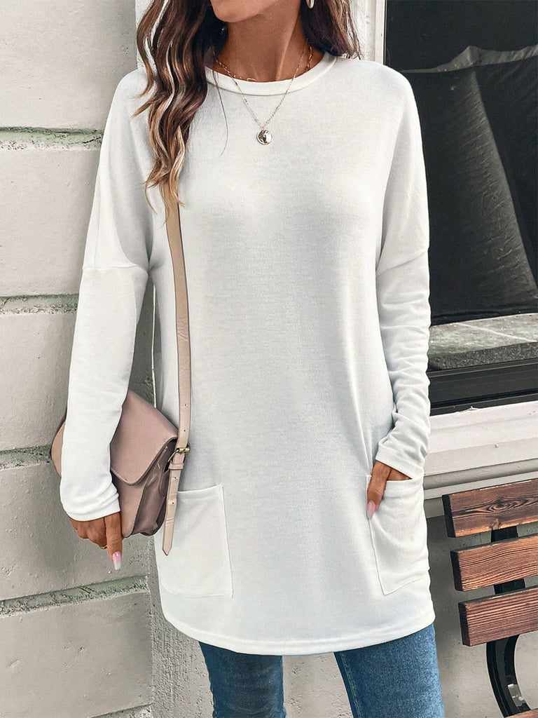 Loose Crew Neck Long Sleeve Plain Fashion Mid-Long Blouses