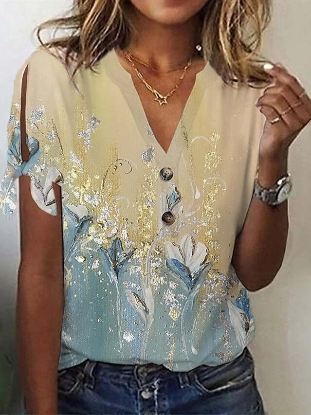 Fashion V Neck Short Sleeve Floral Loose Regular Blouse