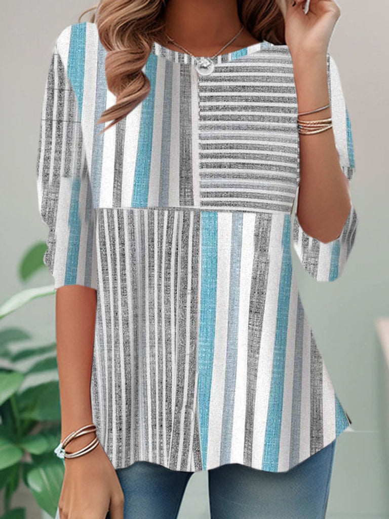 Fashion Crew Neck Long Sleeve Striped Loose Regular T-Shirt