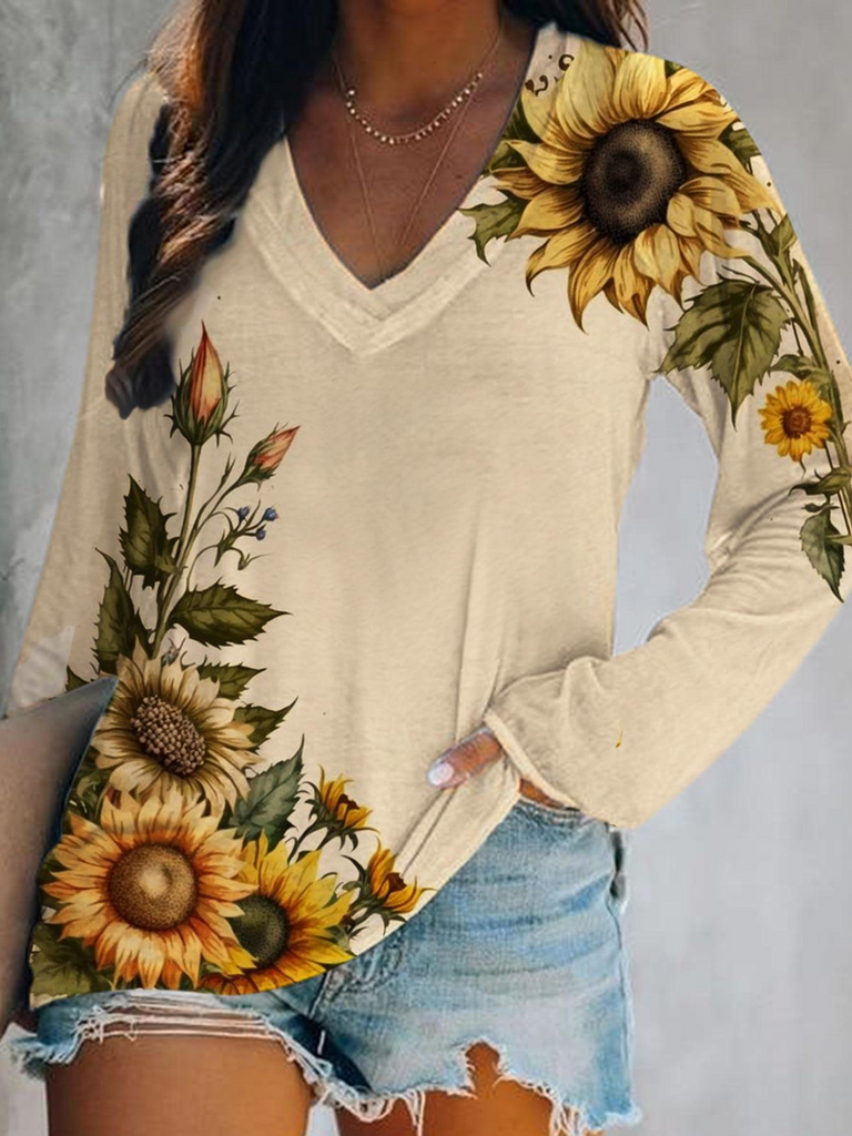 Casual V Neck Long Sleeve Daisy Fashion Regular T-Shirt
