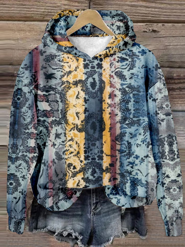 Casual Long Sleeve Hoodie Floral Zipper Fashion Regular Sweatshirt