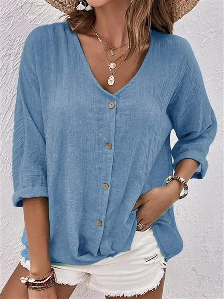 Fashion V Neck Long Sleeve Ombre Loose Regular Shirt