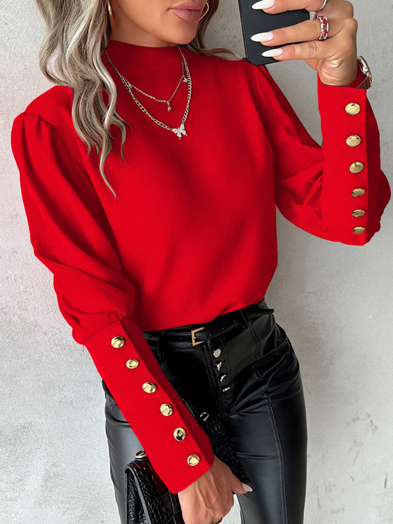 Fashion Long Sleeve Mock Neck Plain Loose Regular Blouse