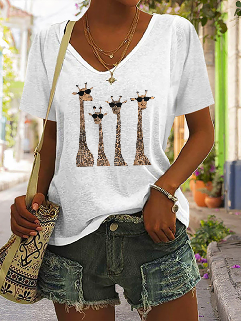 Casual V Neck Short Sleeve Deer Fashion Regular T-Shirt