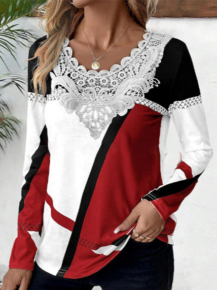 Fashion V Neck Long Sleeve Geometric Loose Regular Blouse