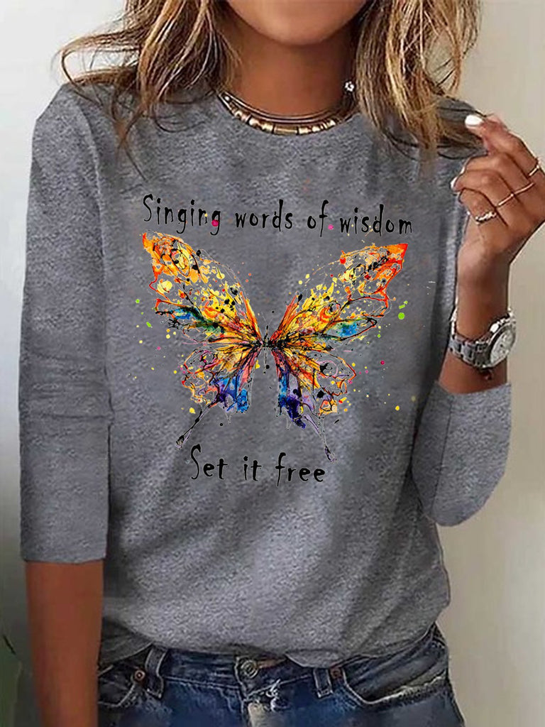 Fashion Crew Neck Long Sleeve Butterfly Loose Regular T-Shirt