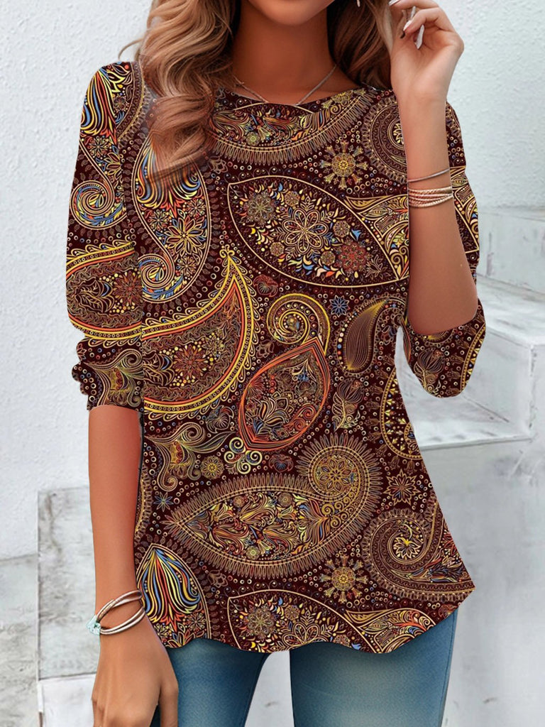 Vintage Crew Neck Long Sleeve Cashew Flowers Loose Regular Blouse
