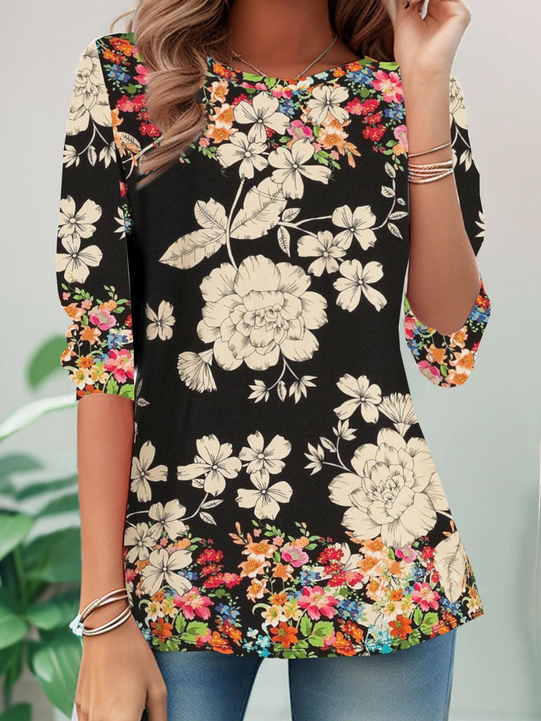 Casual Crew Neck Long Sleeve Floral Fashion Regular T-Shirt