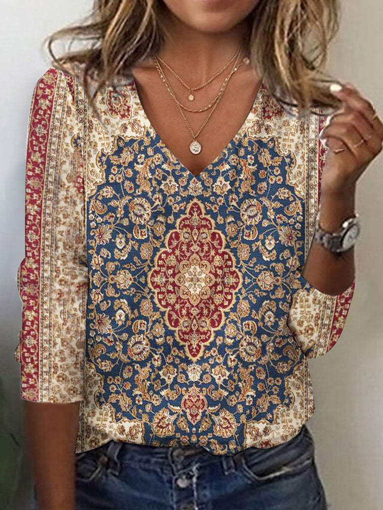 Fashion V Neck Long Sleeve Ethnic Casual Regular T-Shirt