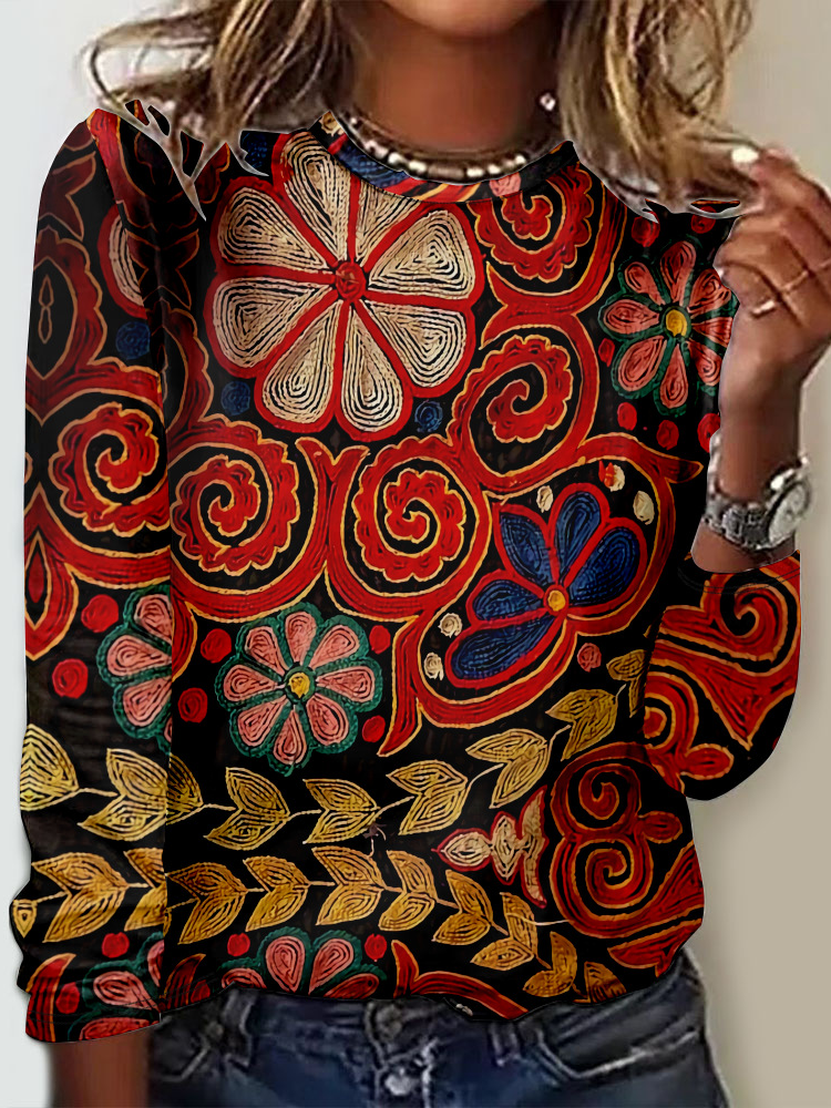 Casual Crew Neck Long Sleeve Ethnic Fashion Regular T-Shirt