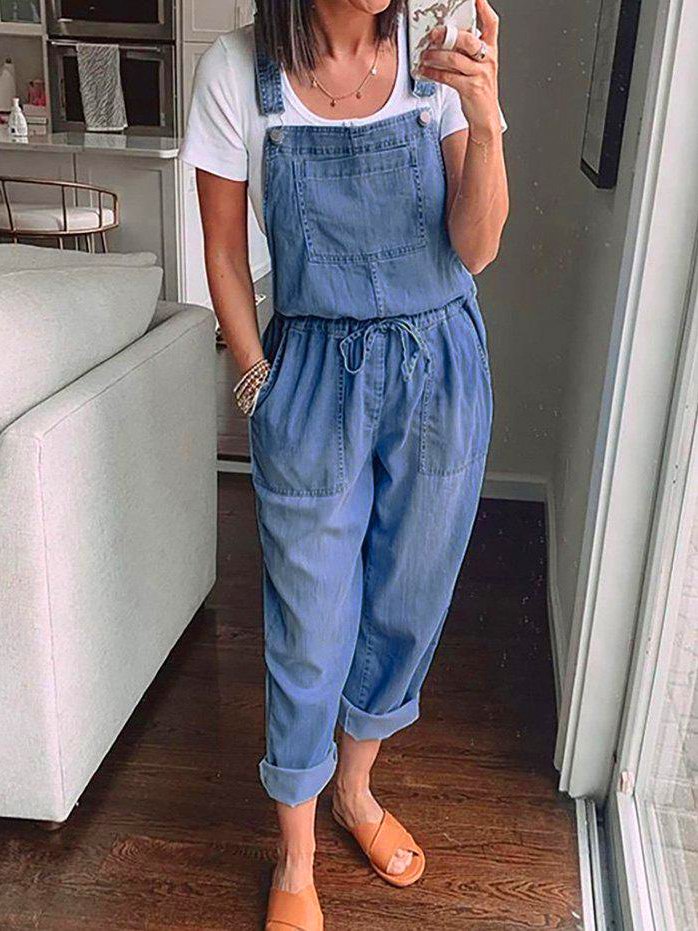 Fashion Plain Washing Process Loose Long Denim Bib Pants
