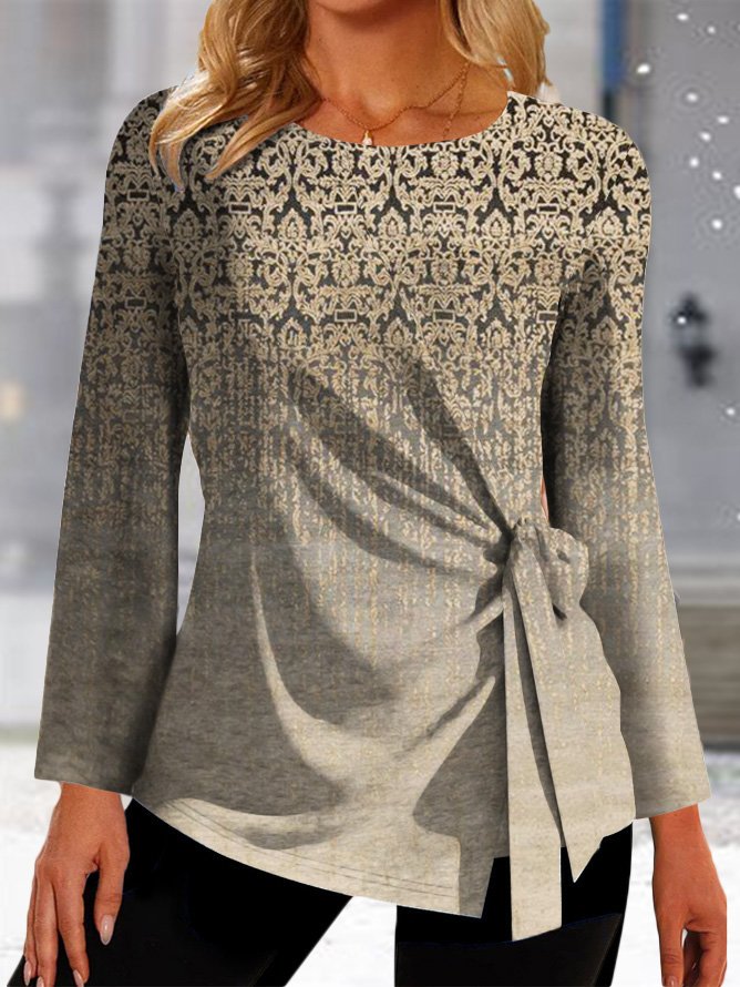 Crew Neck Long Sleeve Ethnic Casual Regular T-Shirt