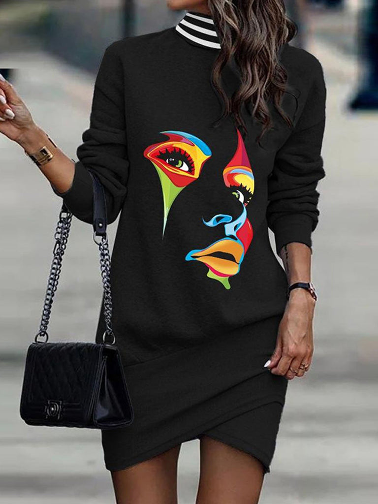 Fashion Long Sleeve Mock Neck Striped Loose Midi Dress