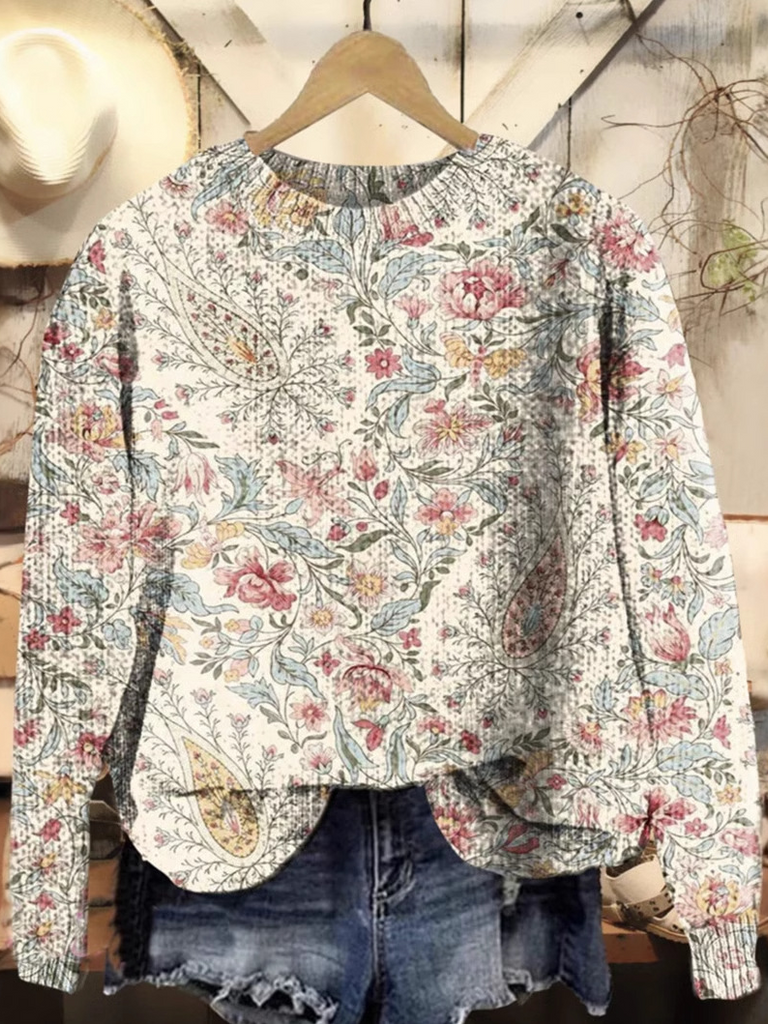 Fashion Crew Neck Long Sleeve Ethnic Floral Casual Regular Sweatshirt