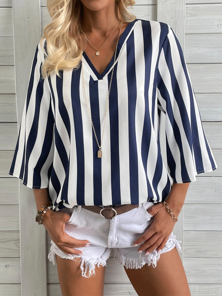 Loose 3/4 Sleeve V Neck Striped Fashion Regular Blouse
