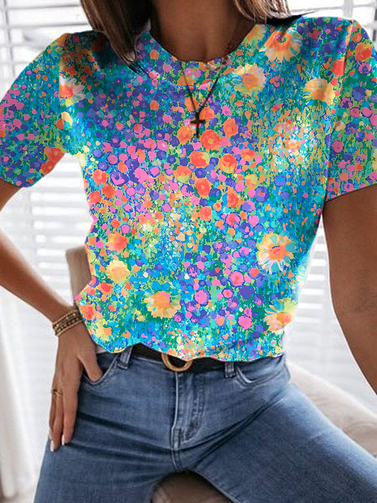 Casual Short Sleeve Crew Neck Floral Fashion Regular T-Shirt