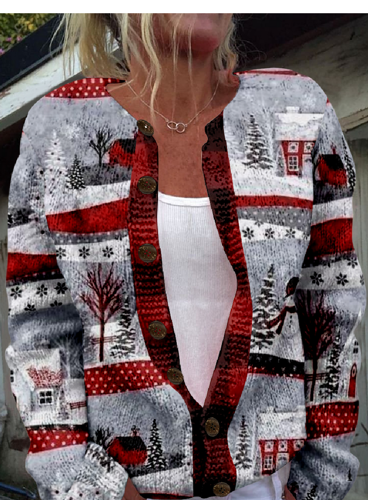 Loose Crew Neck Long Sleeve Christmas Snowman Print Vintage Regular Cardigan