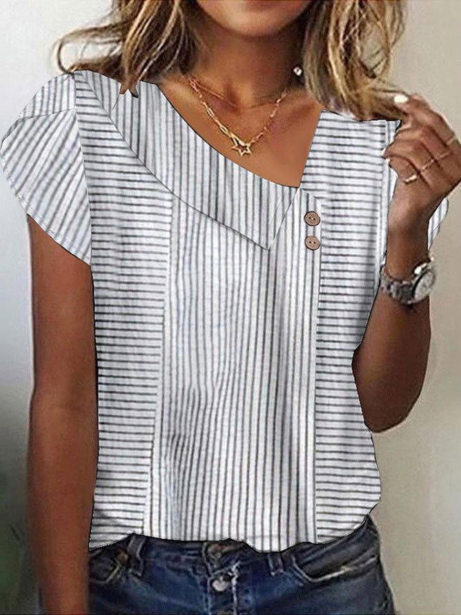 Fashion Short Sleeve Asymmetrical Collar Striped Loose Regular Blouse