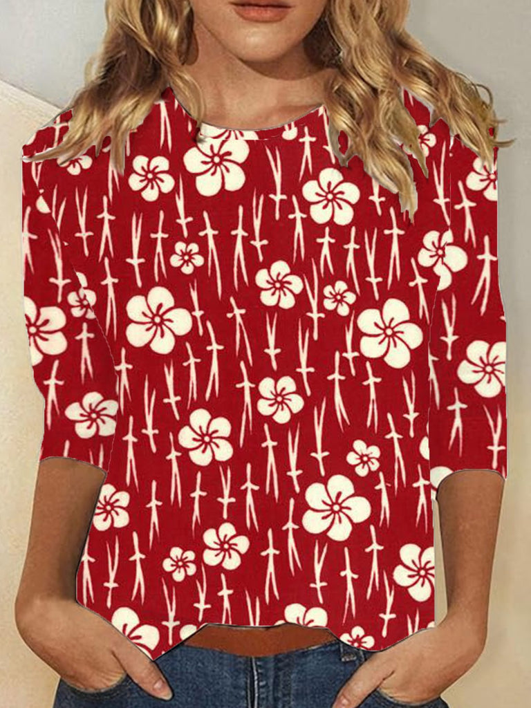 Fashion Crew Neck Long Sleeve Floral Casual Regular T-Shirt