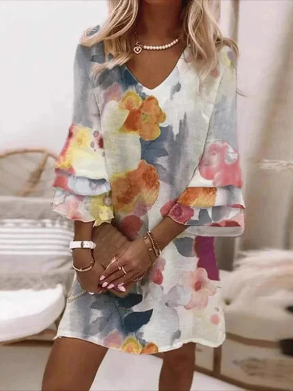 Fashion 3/4 Sleeve V Neck Floral Loose Short Dress