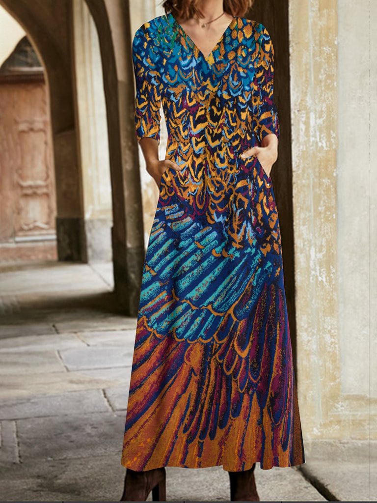 Vintage V Neck Long Sleeve Ethnic Maxi Dress