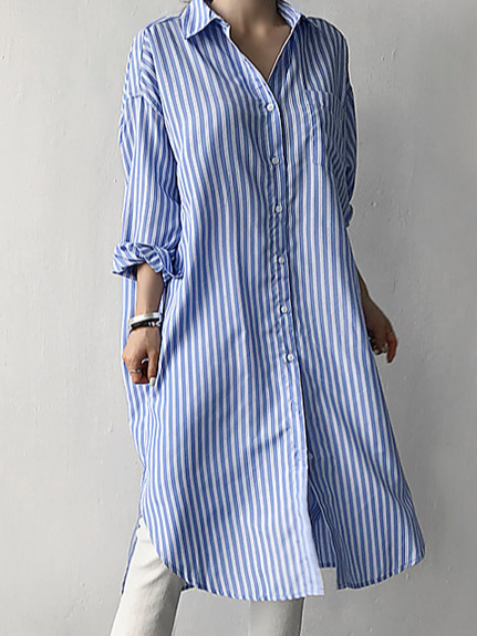 Fashion Long Sleeve Shirt Collar Striped Loose Regular Shirt