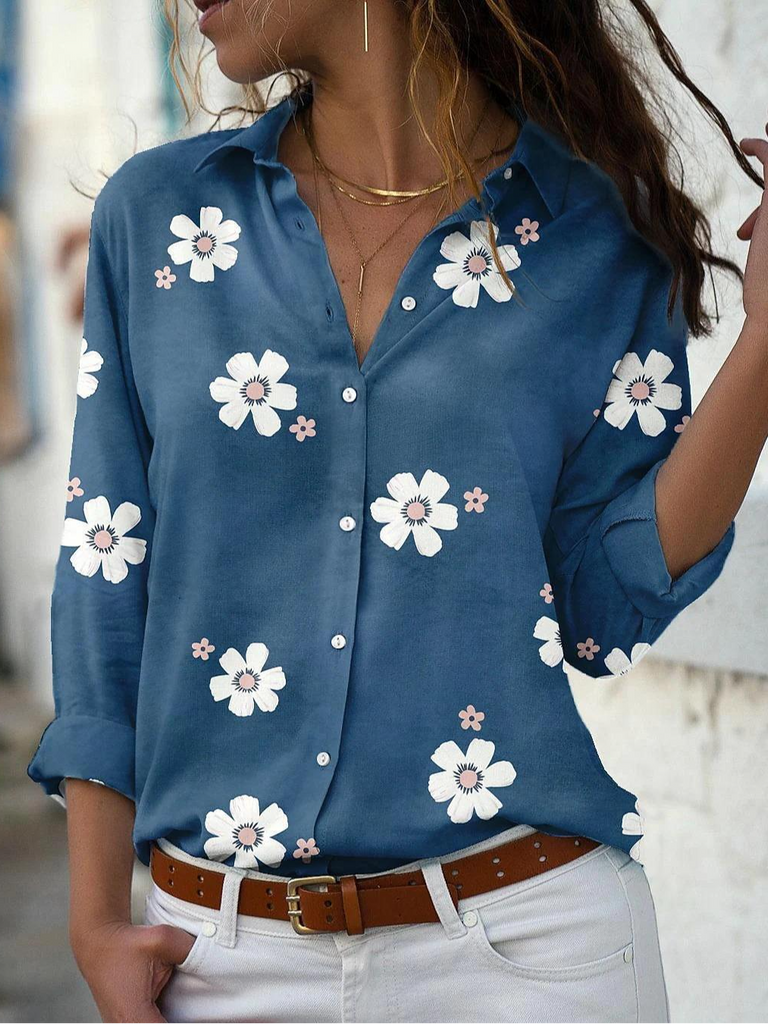 Loose Long Sleeve Shirt Collar Floral Fashion Regular Shirt