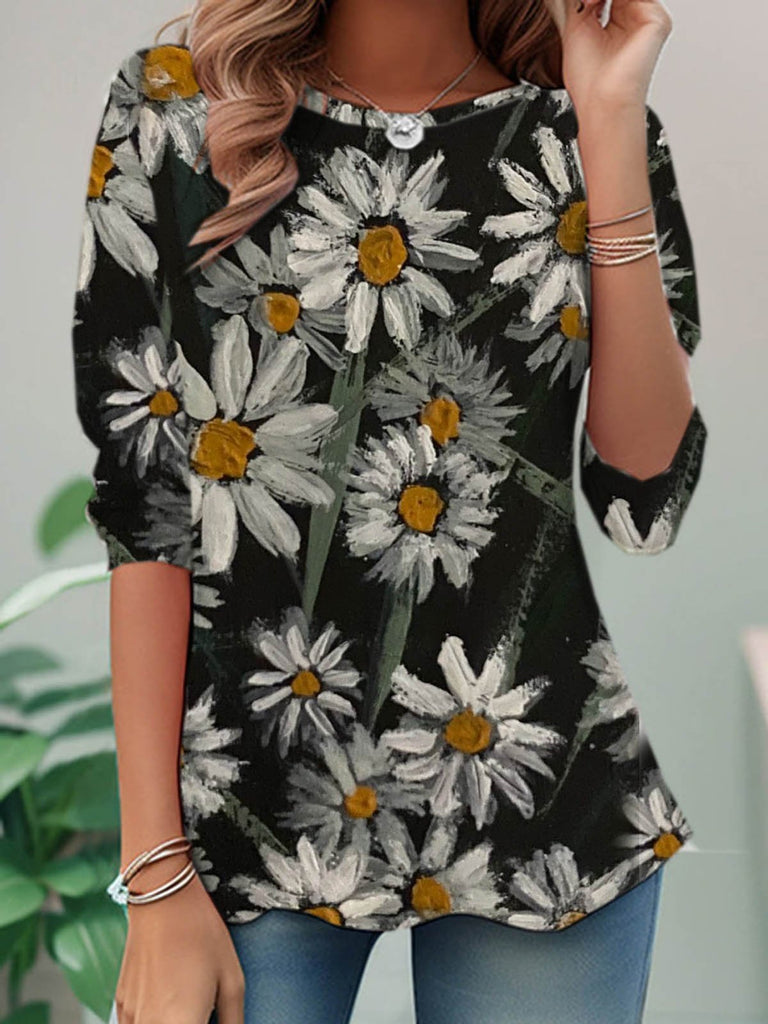 Fashion Crew Neck Long Sleeve Floral Casual Regular Blouses