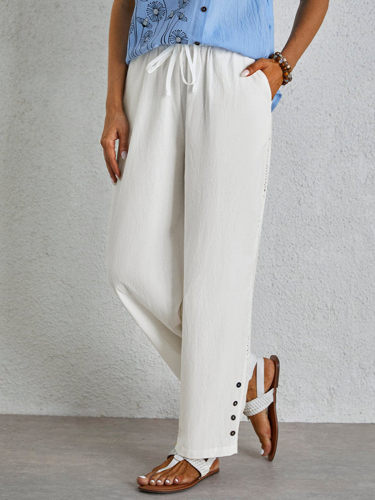 Fashion Plain Split Joint Buckle Hollow Out Lace Edge Pocket Stitching Hollow Out Loose Long Pants