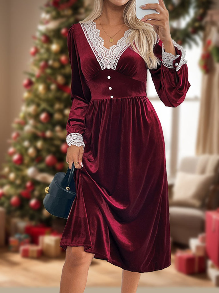 Fashion V Neck Long Sleeve Plain Lace Midi Dress