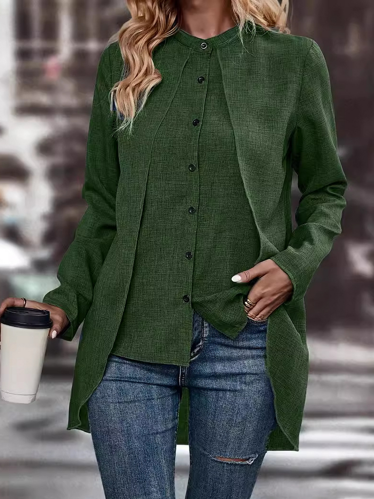 Loose Long Sleeve Stand Collar Plain Fashion Regular Blouse
