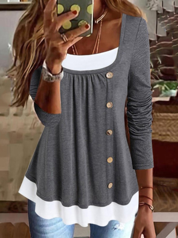 Fashion Crew Neck Long Sleeve Color Block Loose Regular Blouses