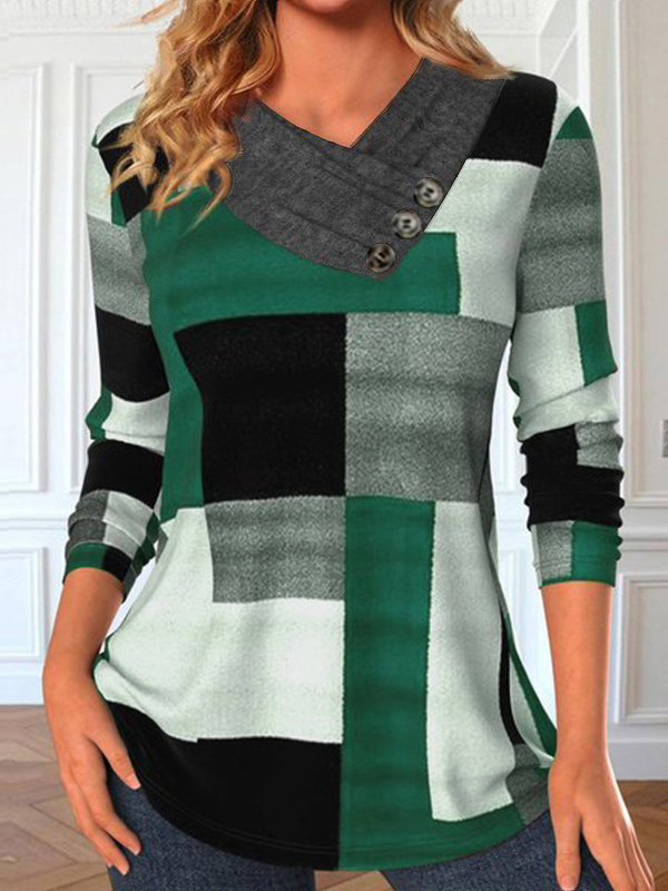 Fashion V Neck Long Sleeve Plaid Loose Regular Blouse