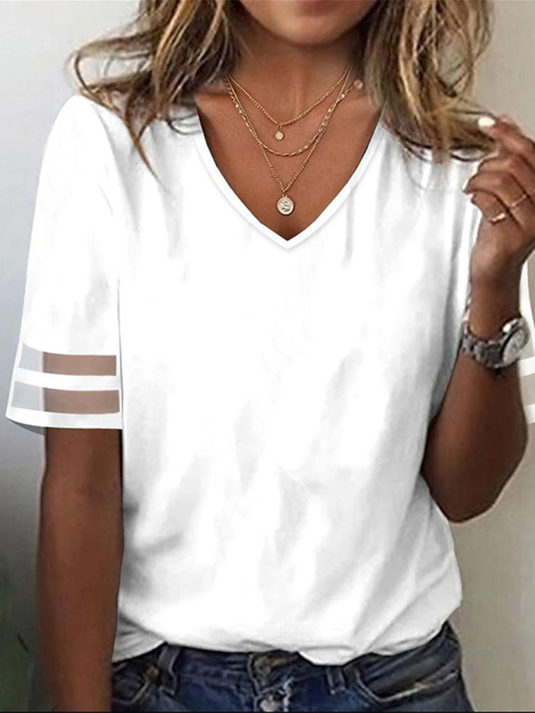 Fashion Half Sleeve V Neck Plain Loose Regular T-Shirt