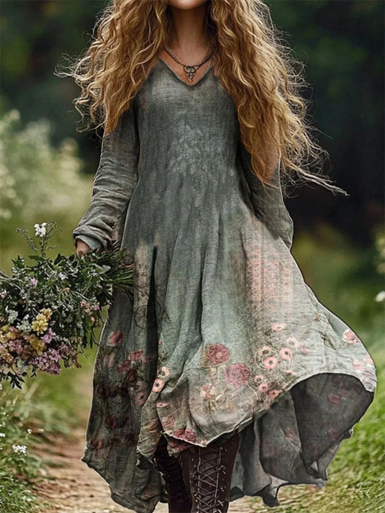 Fashion V Neck Long Sleeve Floral Maxi Dress