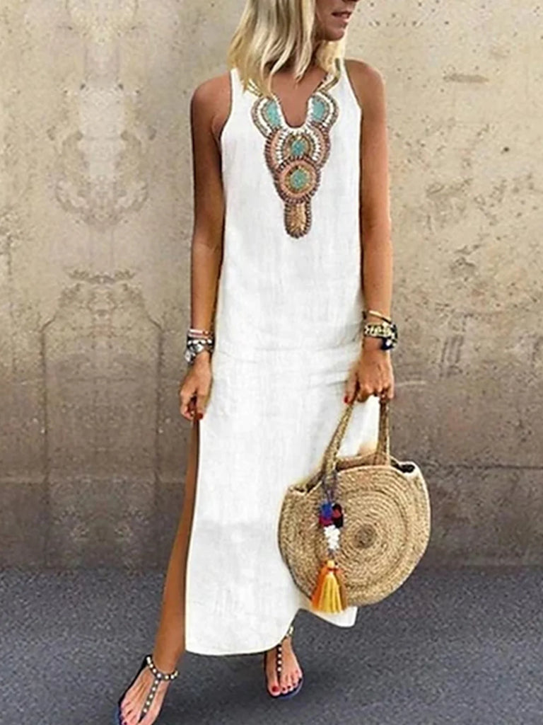 Vacation V Neck Sleeveless Ethnic Loose Maxi Dress