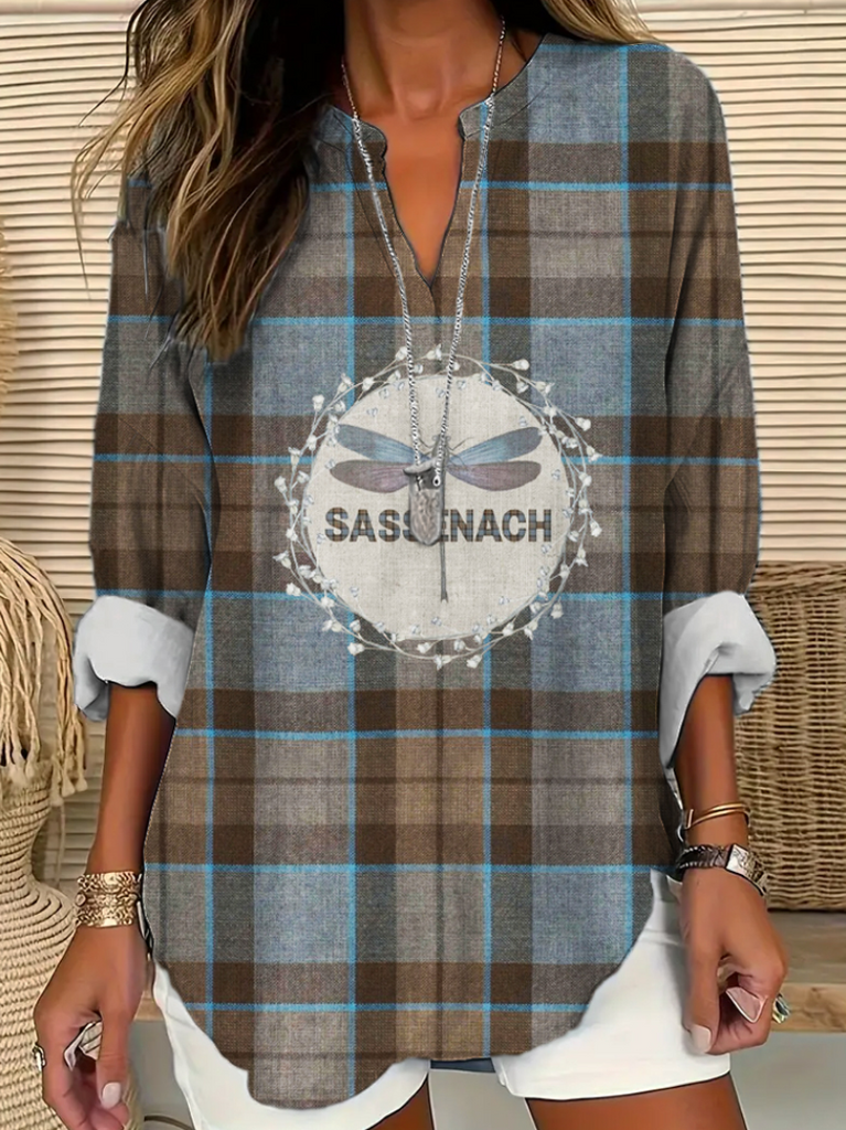 Fashion V Neck Long Sleeve Plaid Regular Shirt