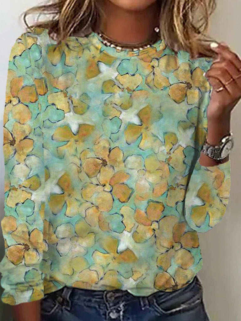Casual Crew Neck Long Sleeve Floral Fashion Regular T-Shirt