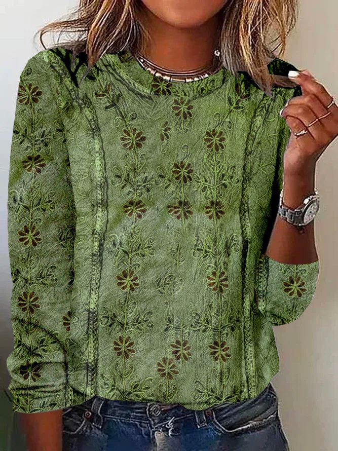 Loose Crew Neck Long Sleeve Floral Boho Regular T-Shirt