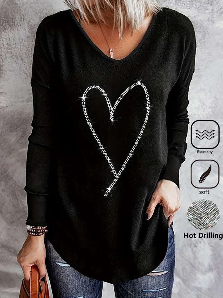 Casual V Neck Long Sleeve Heart/Cordate Fashion Regular T-Shirt