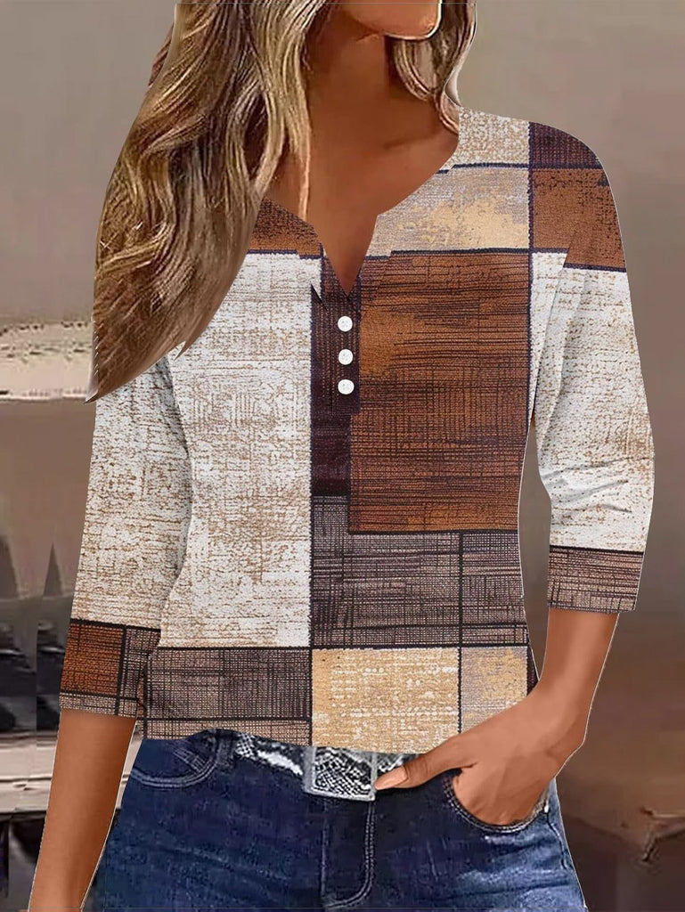 Fashion 3/4 Sleeve Notched Striped Loose Regular T-Shirt