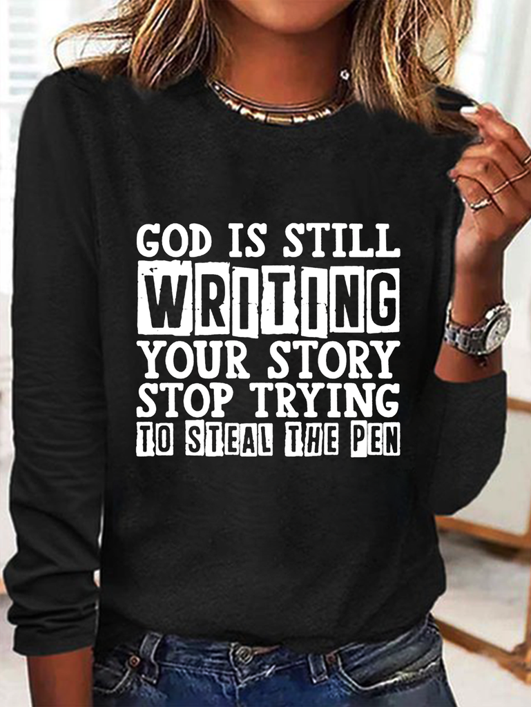 Loose Crew Neck Long Sleeve Text Letters Fashion Regular T-Shirt