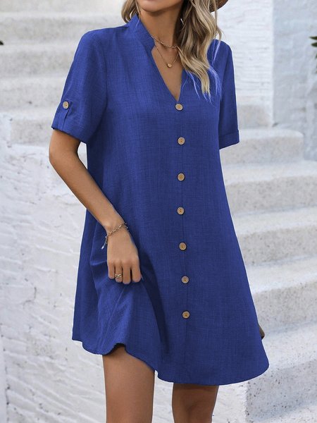 Fashion V Neck Short Sleeve Plain Loose Short Dress