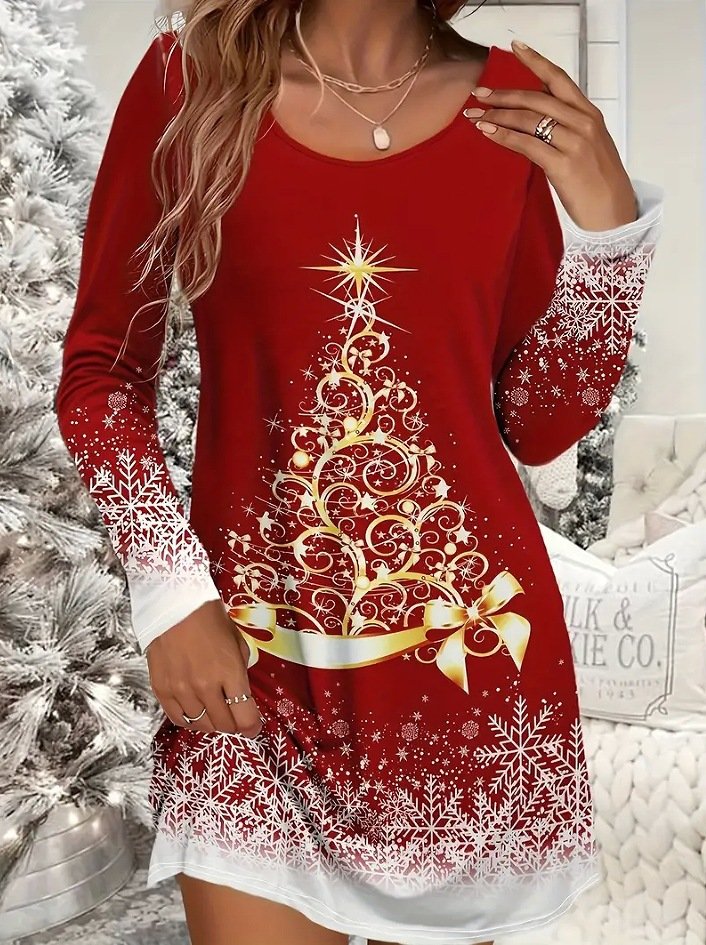 Fashion Crew Neck Long Sleeve Christmas Short Dress