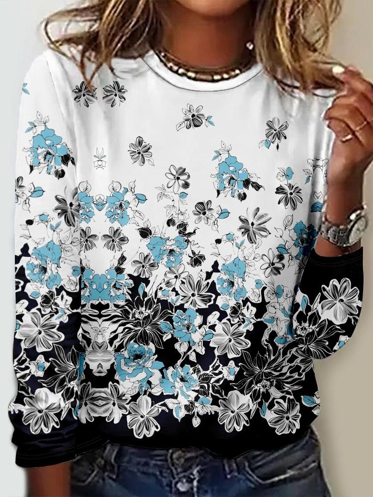 Fashion Crew Neck Long Sleeve Floral Casual Regular T-Shirt