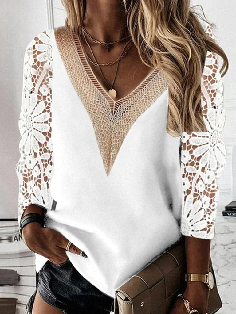 Fashion V Neck Long Sleeve Plain Loose Regular Blouses
