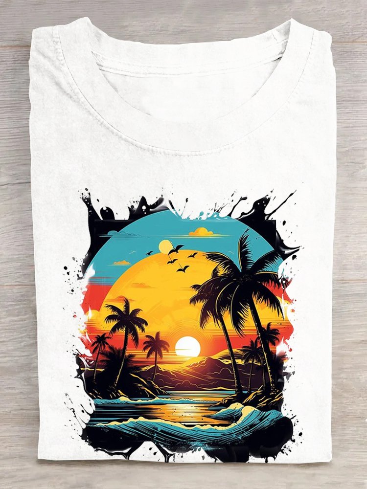Fashion Short Sleeve Crew Neck Scenery Loose Regular T-Shirt