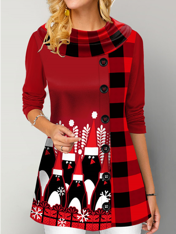 Loose Crew Neck Long Sleeve Plaid Fashion Regular T-Shirt