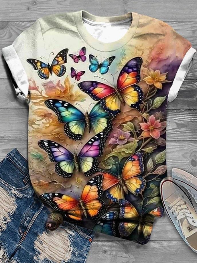 Casual Short Sleeve Crew Neck Floral Butterfly Fashion Regular T-Shirt