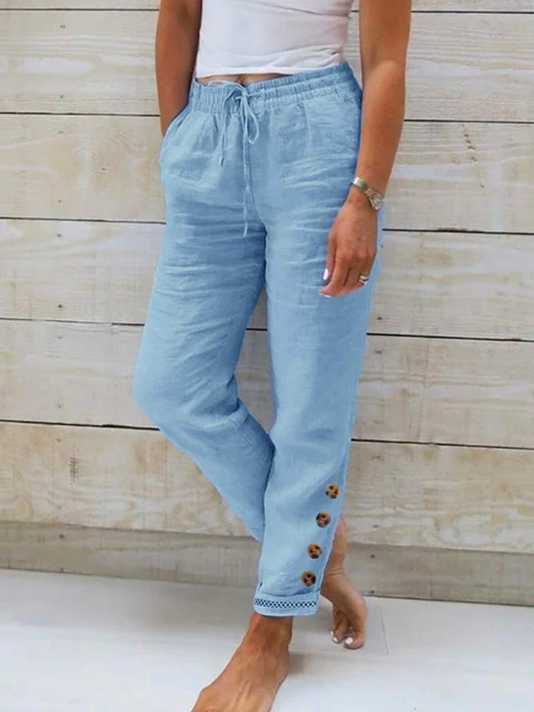 Fashion Plain Buttoned Loose Long Pants